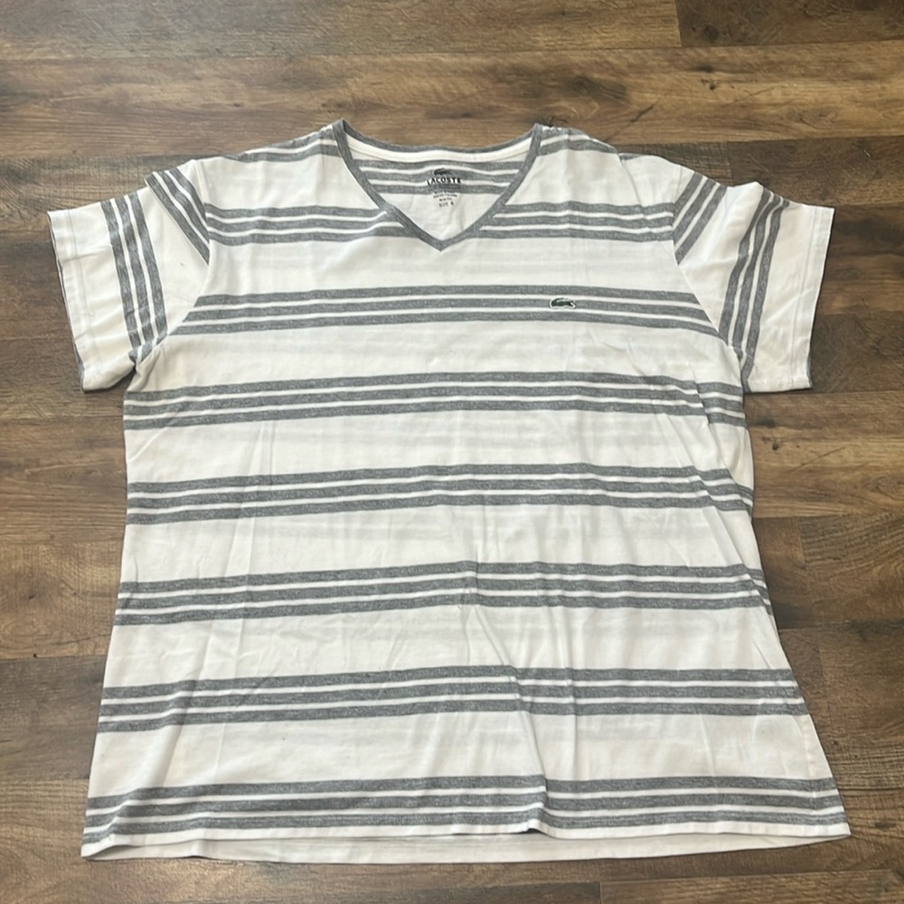 Lacoste Men's White and Gray Striped V-Neck Short Sleeve Tee